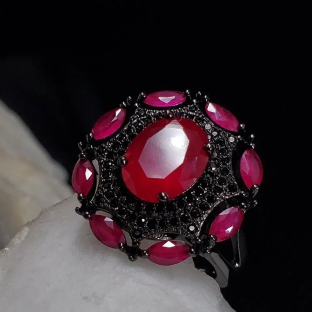 Sterling Silver 925 Black Rhodium Ruby Ring Classic Setting Silversmith